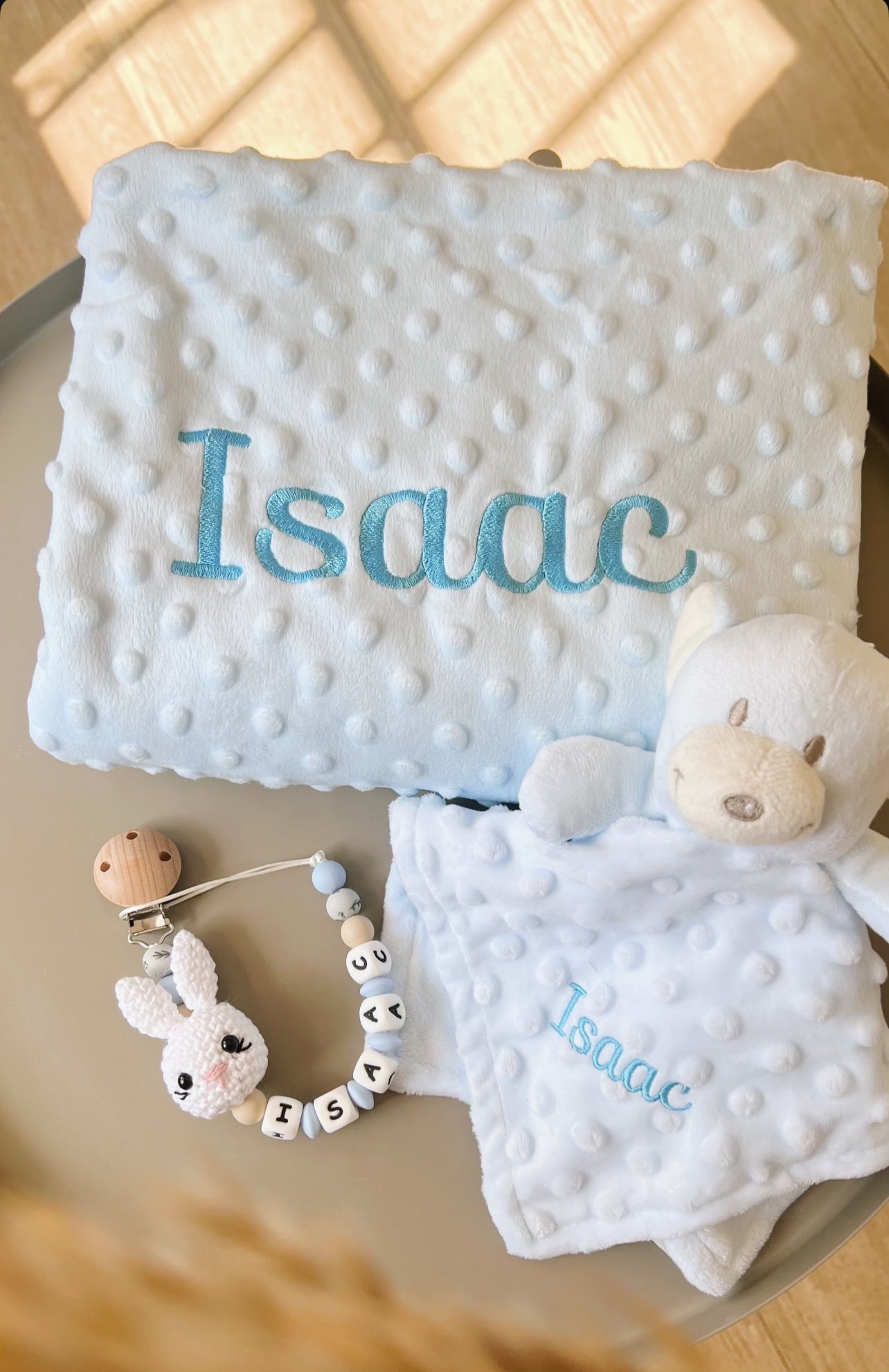 Pack Manta Personalizada con Chupetero y Doudou Perrito (Tono Azul)