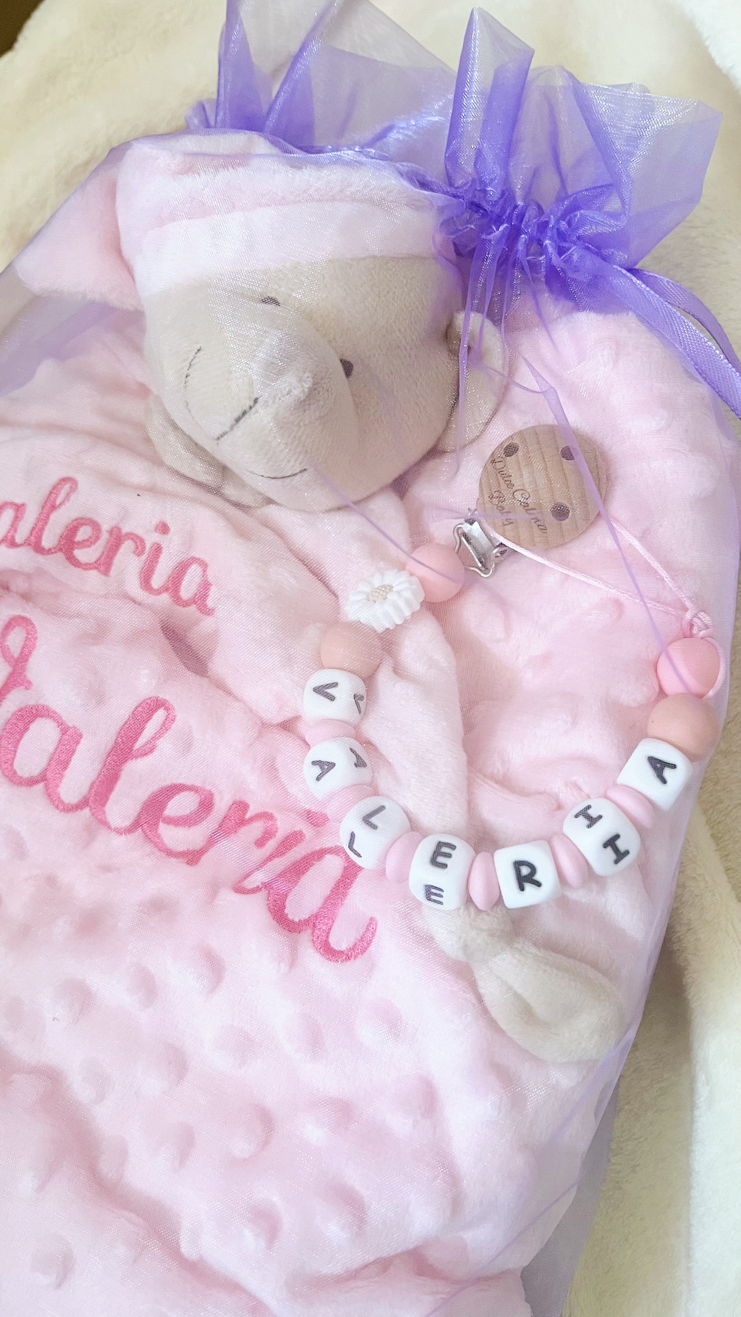 Pack Manta Personalizada con Doudou y Chupetero - Dormilón (Tono rosa)