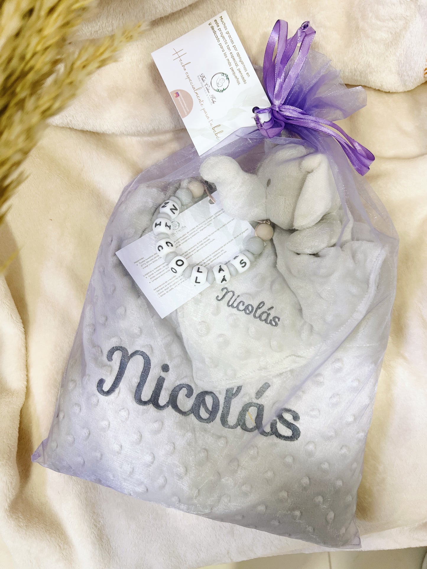 Pack Manta Personalizada con Doudou y Chupetero - Elefante (Tono gris)