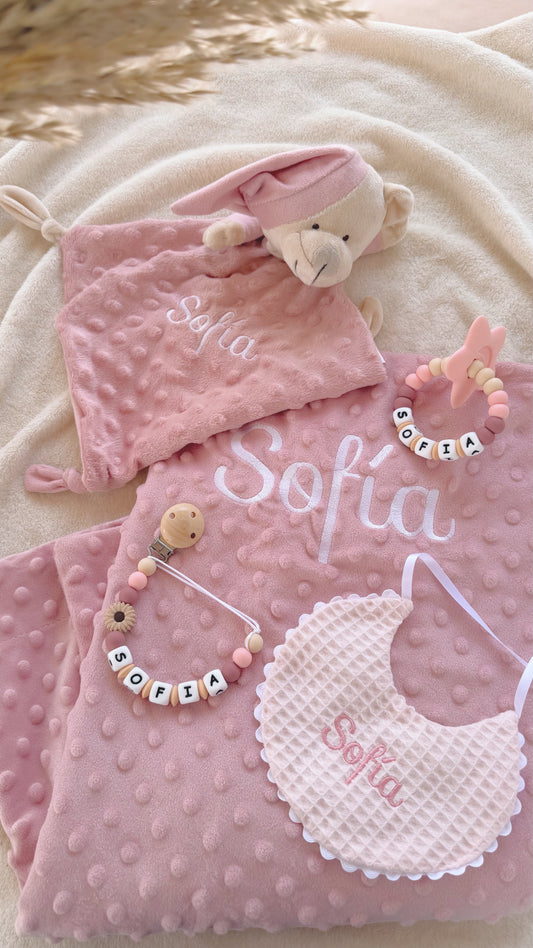 Pack Manta Rosa Blush con mordedor personalizado