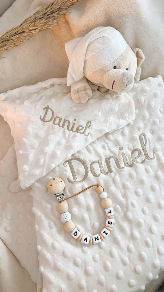 Pack Manta Personalizada con Doudou y Chupetero - Dormilón (Tono Beige)