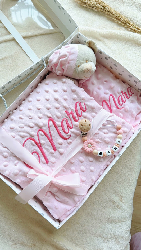 Pack Manta Personalizada con Doudou y Chupetero - Rosa bordado fucsia