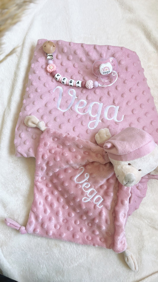 Pack Manta Rosa Blush (Chupetero, chupete, manta y doudou)